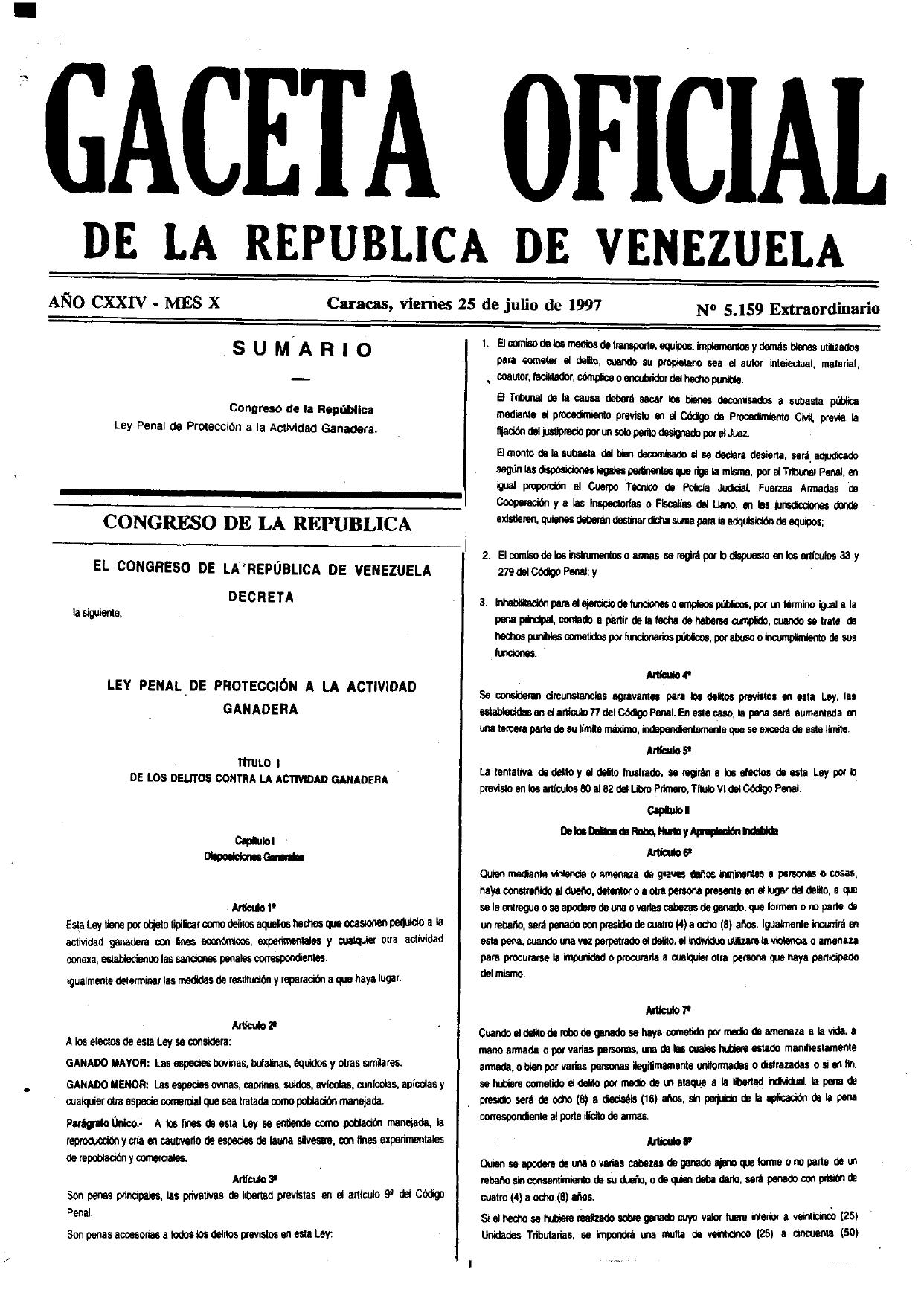Vista previa — Gaceta Oficial, Ley Penal de Protección a la Actividad Ganadera